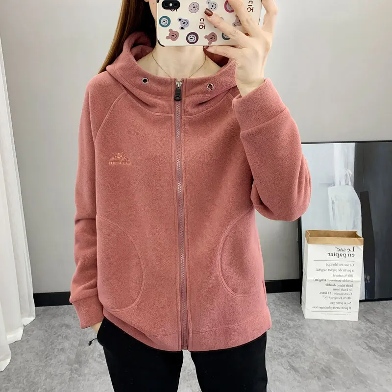 Fleece Hooded Jackets Streetwear Casual Women Fashion Full Zip Hooded Coat Tops Outdoors Sports Trekking Thick Outwear Plus Size