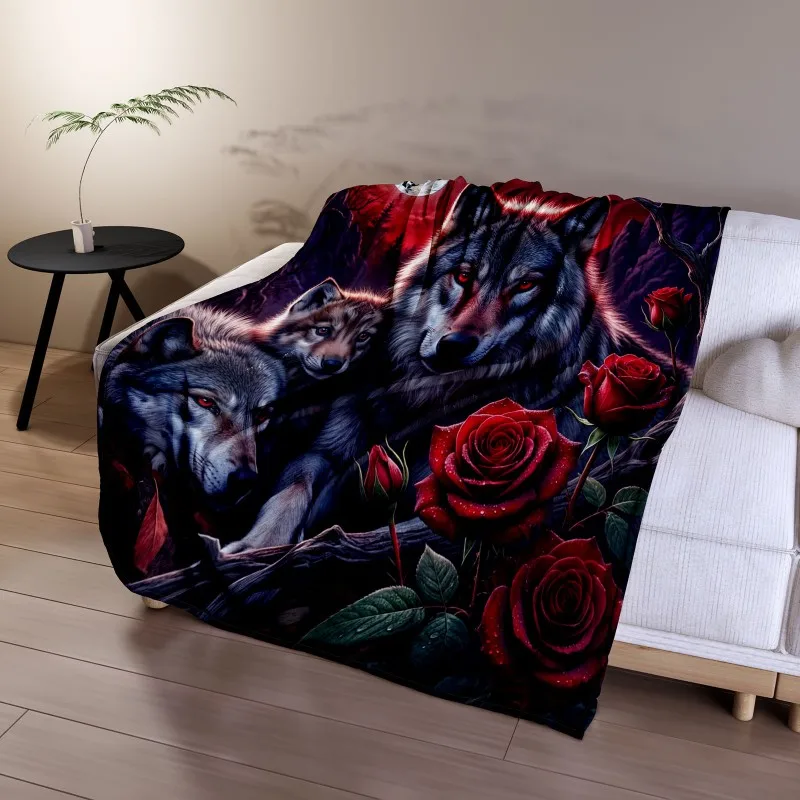 Wolf Family Red Rose Flannel Blanket, Ultra-fine Fiber Warm Throw Blanket, Red Moon Mountain Night Print for Sofa Bed