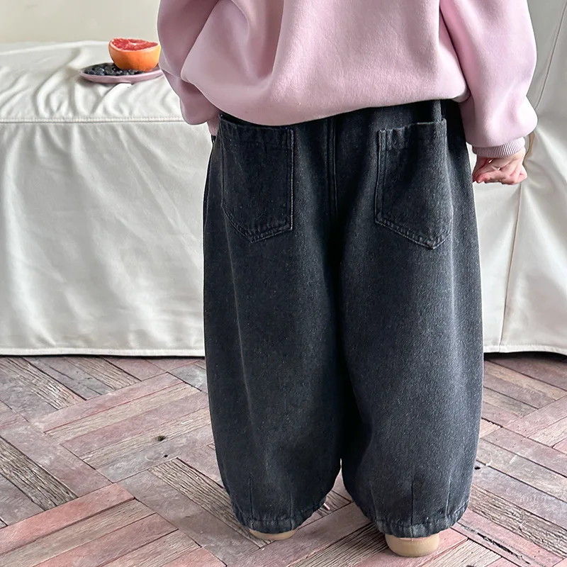 2024 Plush Children's Korean Style Versatile Labeling Composite Austenitic Velvet One Piece Casual Loose Jeans