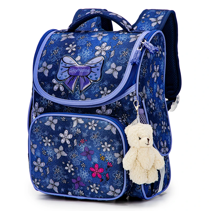 

New Children School Bags For Girls Navy Blue Floral Print Orthopedic Backpacks Kids Knapsack 1 Grade Students Bookbag mochilas