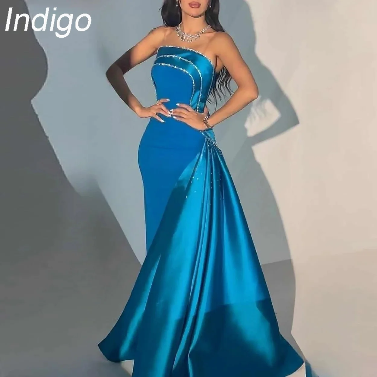 

Indigo Prom Dresses Strapless Floor-Length Saudi Arabia Evening Dress For Women 2024 vestidos de gala فساتين السهرة