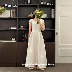 Fancy Simple A Line Satin Wedding Dress Korea Photo Shoot Short Sleeve Square Neck Ankle Length Bridal Dresses Custom Made