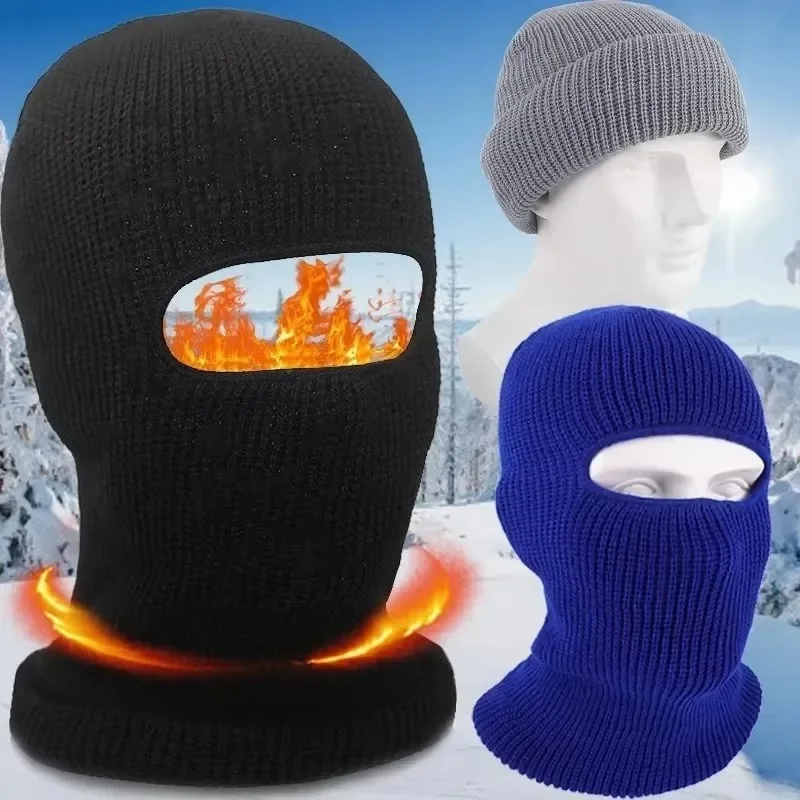 Winter Knitted Full Beanies Balaclava Hat Outdoors Men Women Sport Cycling Skiing Cap Black Warm Cold-proof Plush Knitted Masks