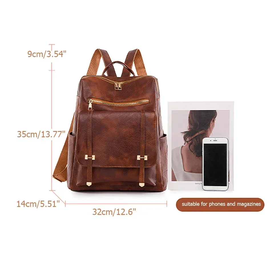 Trendy Women\'s Backpack Vintage Pu Leather Daypack Brown  Casual Travel Bag Retro Student School Bag Sac