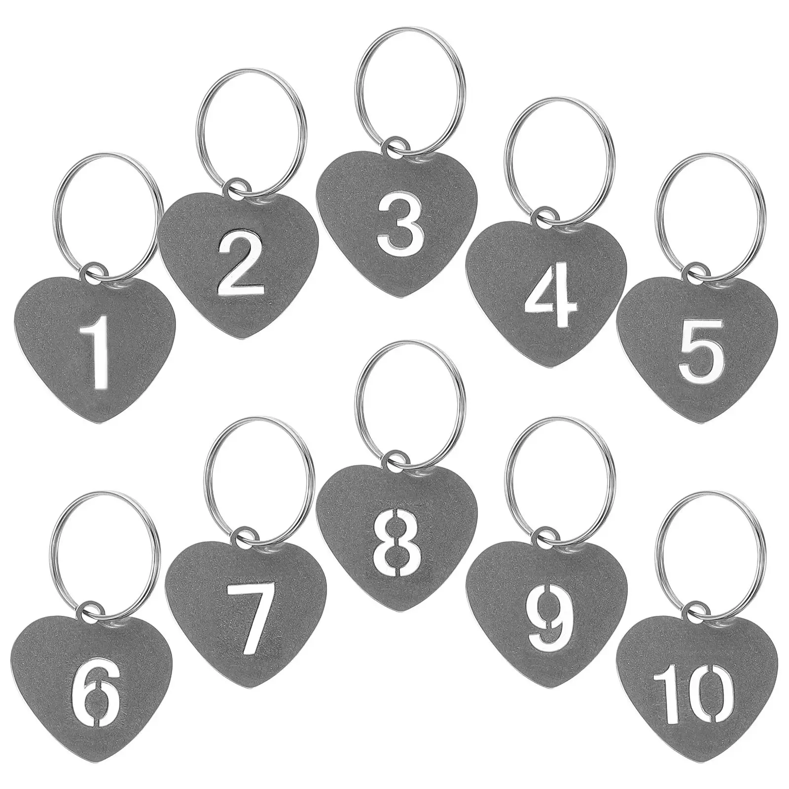 10Pcs Titanium Steel Number Key Tags Heart Shaped for Keys Luggage Tagging Travel Organization Key Ring Labels Bag