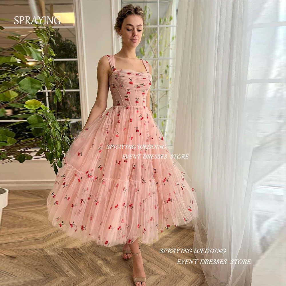 SPRAYING Pastrol Prom Gown A-line Ruffle Birthday Party Dresses 2024 Sleeveless Shoulder Strap Cherry Print Evening Dresses