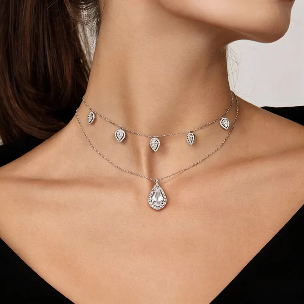 Fashionable Sparkling Teardrop Shaped Zircon Necklace with Teardrop Shaped Pendant, Charming Ladies' O-Shaped Necklace, Jewelry