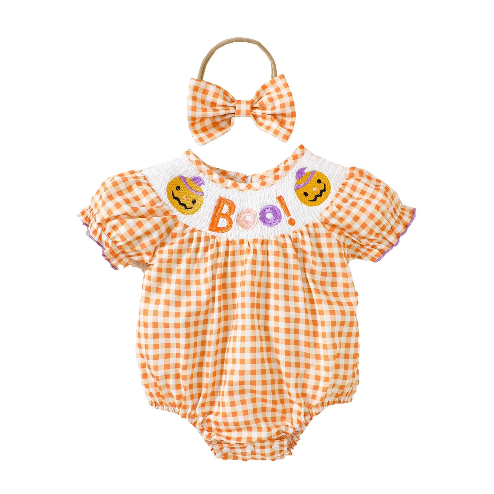 

Ready To Ship New Style Halloween Clothes Embroidery Boo Pumpkin Bubble Smocked Baby Girls Romper With Headband