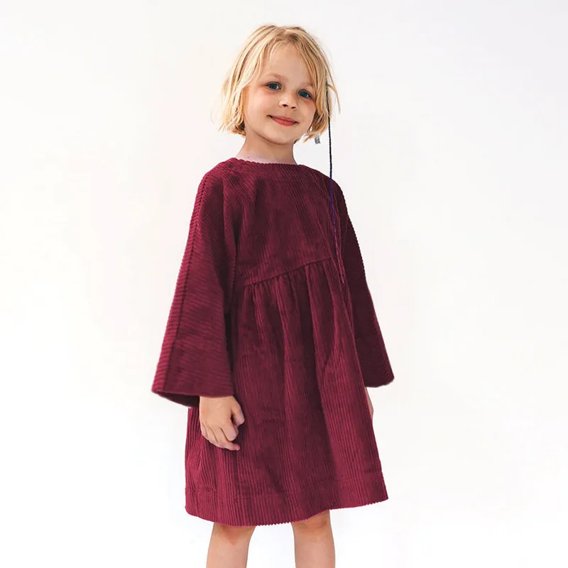 Vintage Burgundy Girls Christmas Party Princess Dress 2024 Autumn New Children's Round Neck Long Sleeves Pleated Loose Dresses