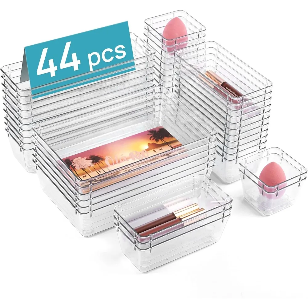 

44PCS Clear Plastic Drawer Organizers Set - 4 Sizes Non-Slip Versatile Storage Bins for Makeup, Jewelry, Kitchen, Office