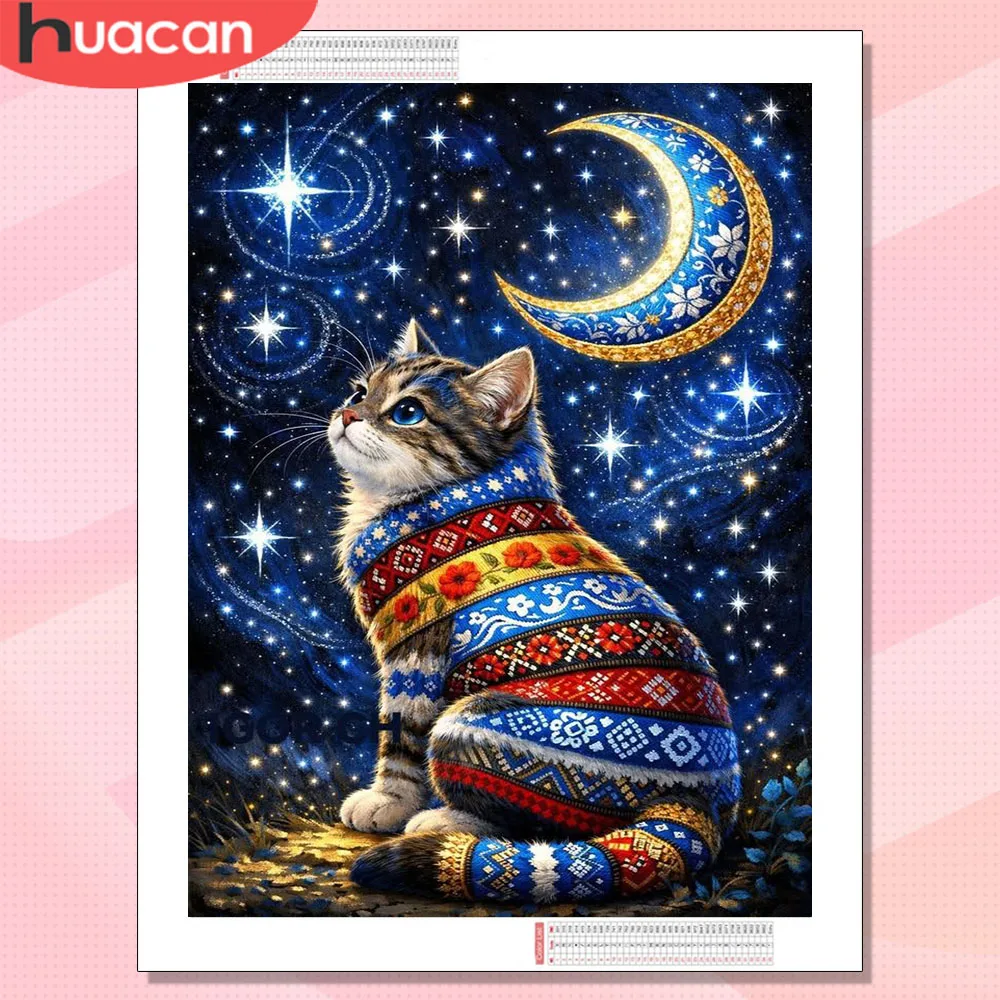 

Алмазная мозаика HUACAN 5D: Картина «Кот» с луной и звездным небом, полный набор для декора стен, ручная работа, стразы