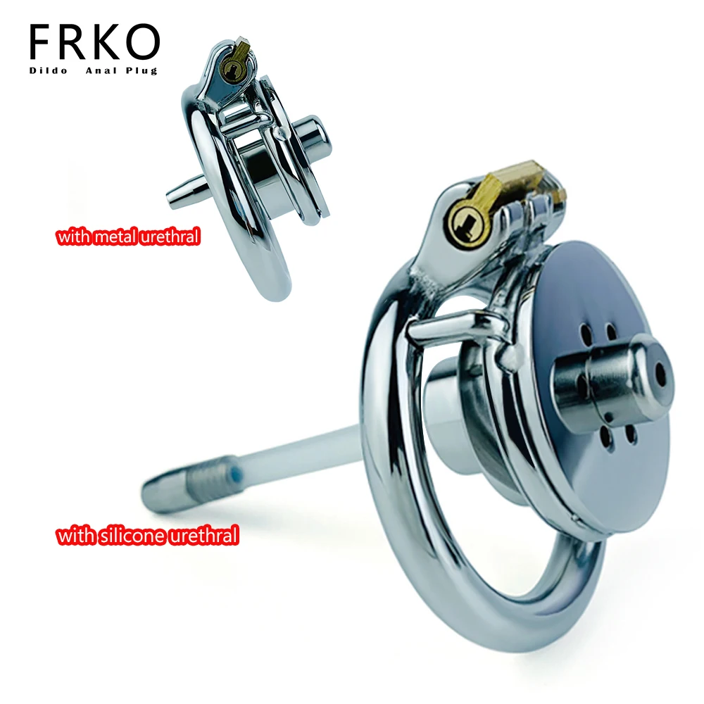 FRKO Flat Negative Male Chastity Cage With Urethral Catheter Inverted Cock Lock Cage Penis Rings CBT Games BDSM Men Gay Sex Toys