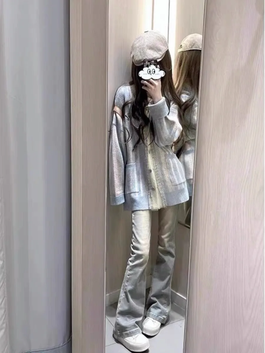 Retro Light Wash Flared Jeans Women's Summer Thin New Big Kids Student Small Size Floor-Length Pants Casual Wide Leg Jeans