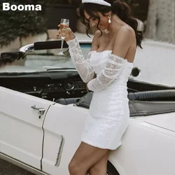 Booma Glitter Short Mermaid Wedding Party Dresses Boat Neck Birde Dress after Wedding Long Sleeves Bridal Evening Dresses