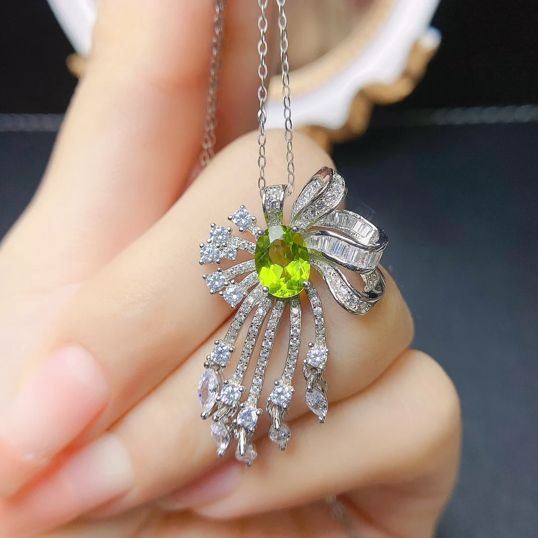 FS S925 Sterling Silver 6*8 Natural Olivine Pendant Necklace With Certificate Fine Charm Wedding Jewelry for Women MeiBaPJ