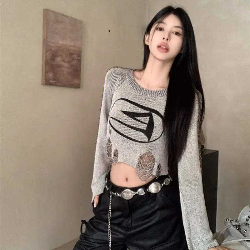 

American Vintage Fashion Printed Long-sleeved Knitwear Autumn New Subculture Hollow Design Sense T-shirt Women's Slim Short Tops