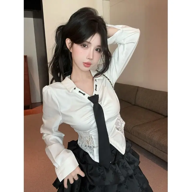 Women Spring Summer Sexy Lace Patchwork Solid Color Long Sleeve Shirts Ladies Sweet Preppy Style All-match Appear Thin Tops