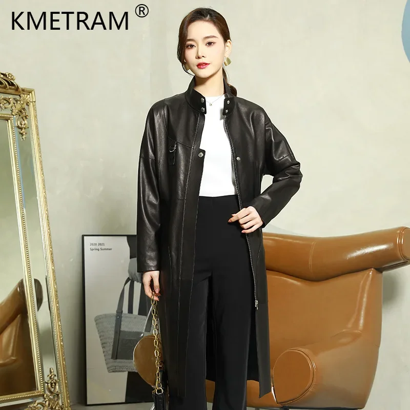 Fashion 100% Real Leather Jacket Women Genuine Sheepskin Leather Jackets Woman Mid-length Windbreaker Black Leather Coat Lace-up