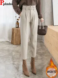 Koreanische Design Super Hohe Taille Harem Hosen Mit Gürtel Winter Warme Wolle Verdicken Samt Gefüttert Pantalones Knöchel Länge Calca Neue