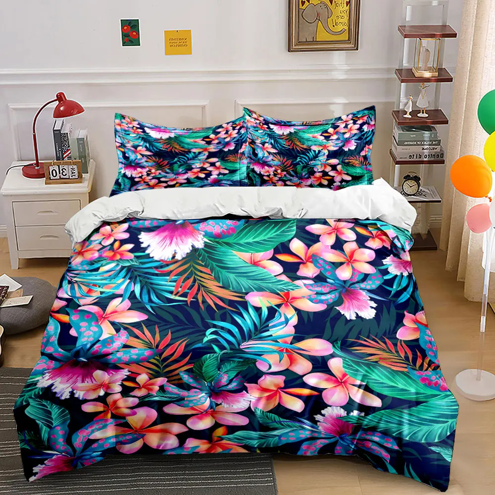 Tropical Vibrant Flowers and Leaves Duvet Cover Set with 3D Printing Design Soft Polyester Bedding Set All-Season Comfort