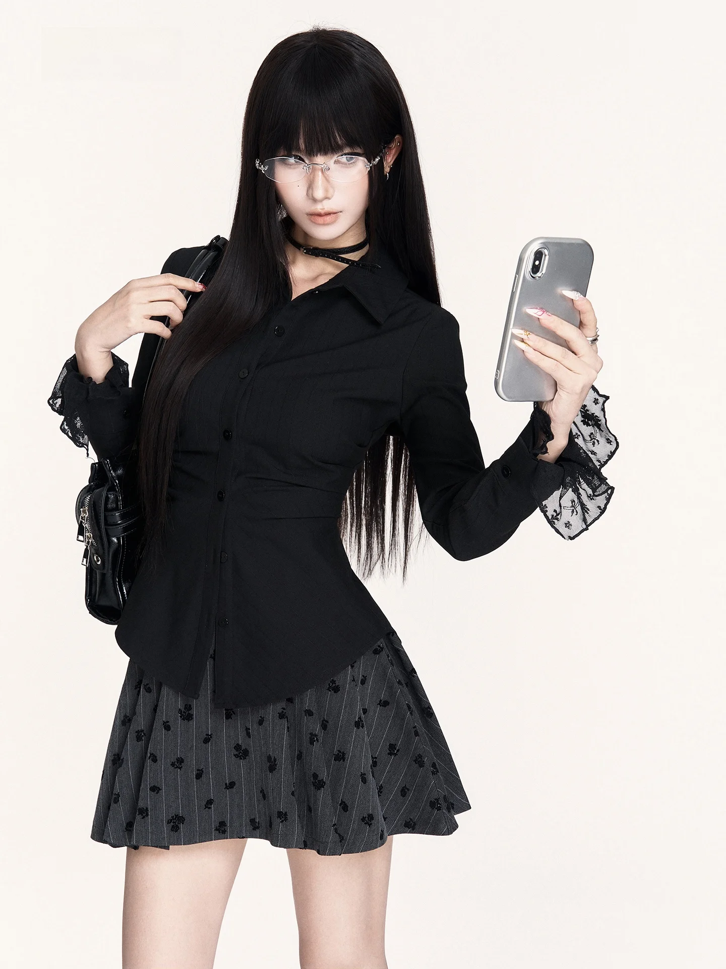 

Женская повседневная блузка VO k College Girl с длинным рукавом, в полоску, с кружевом, плиссированной талией и вставками на плечах