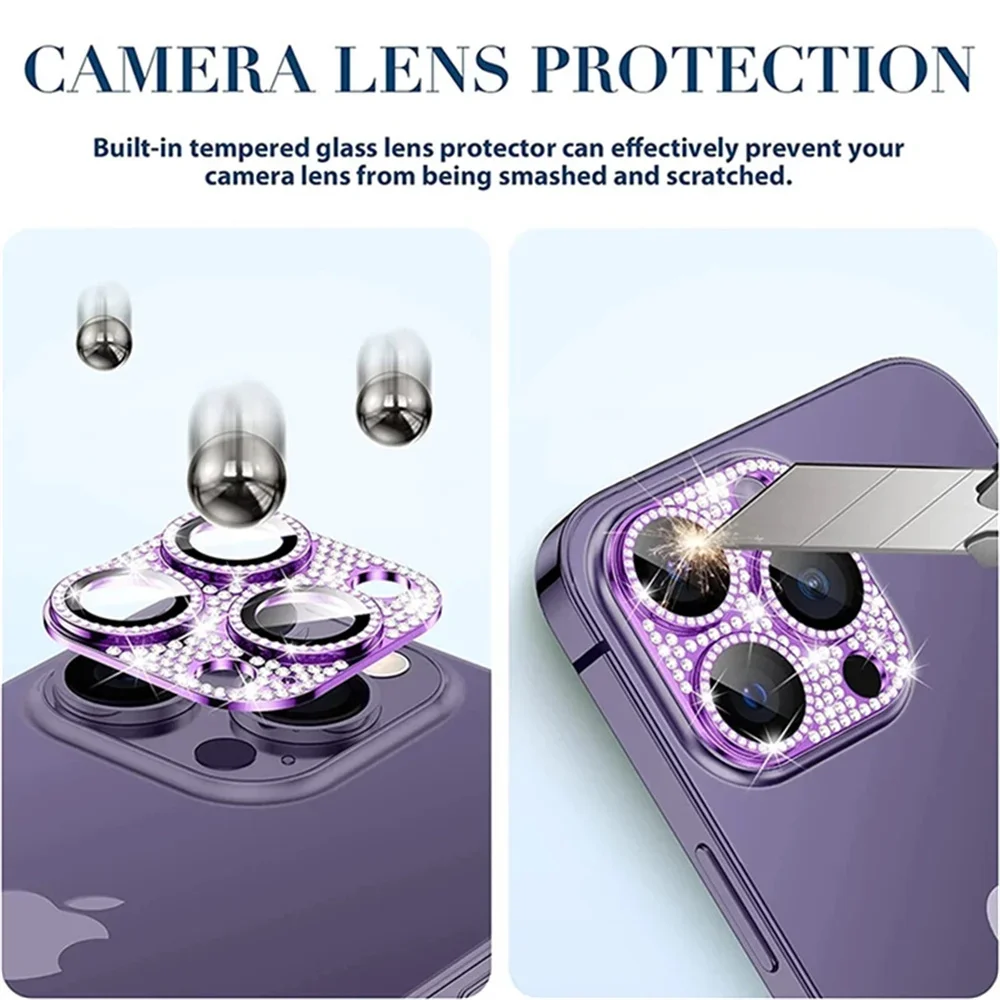 Diamond Camera Lens Protector For IPhone 16 17 15 14 Pro Max Plus 13 12Mini Metal Ring Lens Tempered Glass For IPhone 17