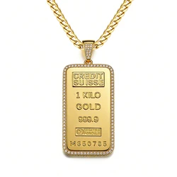 VANAXIN Rectangle Coin Credit Suisse Bullion Bar Ingot Badge Pendants Necklace for Men Plated 14k Gold Hip Hop Jewelry