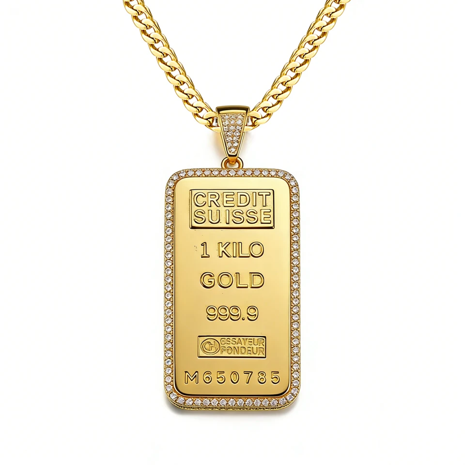 VANAXIN Rectangle Coin Credit Suisse Bullion Bar Ingot Badge Pendants Necklace for Men Plated 14k Gold Hip Hop Jewelry