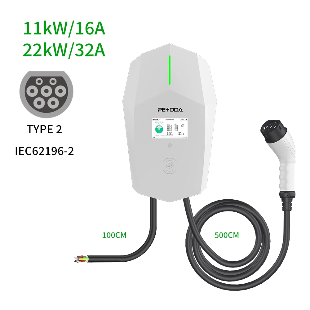 22kw WiFi Type 2 EV Charger Station With OCPP Protocol 32A Wallbox 3Phase Fast Charging 5m Cable Length