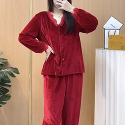 Velvet Pajamas Set Long Sleeve Top&pants 2Pcs Spring Autumn Nightwear Women's Home Clothes Warm Sleep Suit Sexy Lace Homewear