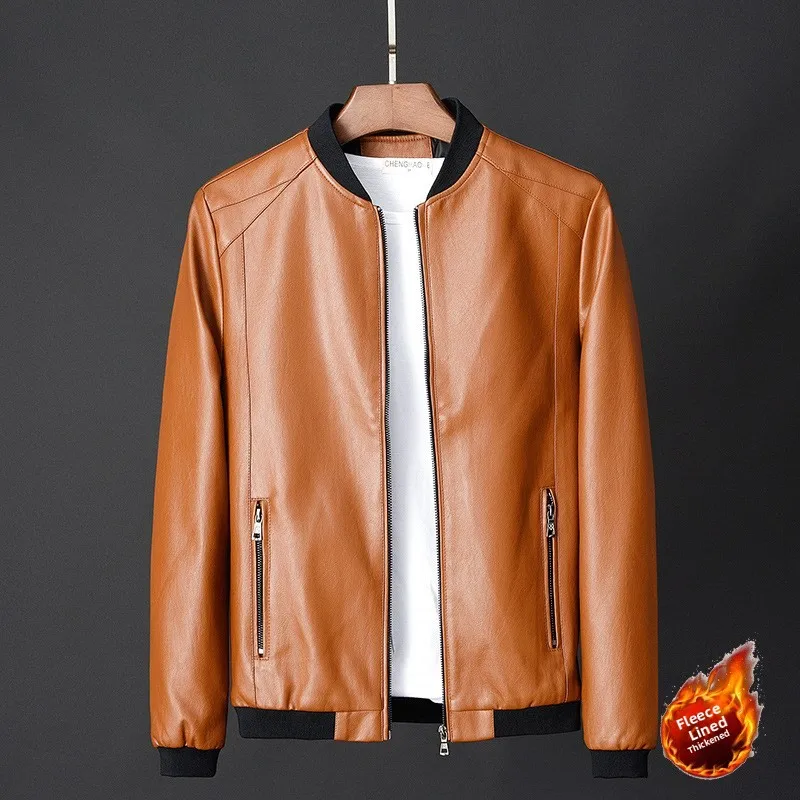 

Men's Fce Lined Slim Fit Leather Jaet Baseball Sle Outerwear Warmth Youth Faion Trend Spring Autumn Winter Coat