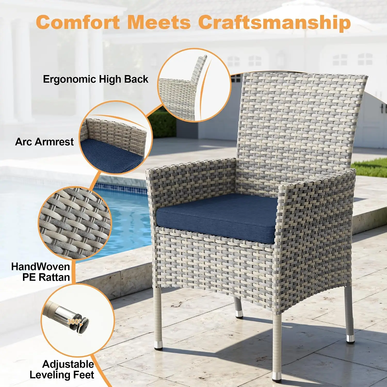 5-Piece Outdoor Patio Dining Set with Expandable Tempered Glass Table & 4 Wicker Chairs for Backyard Deck, Navy Blue, Customized
