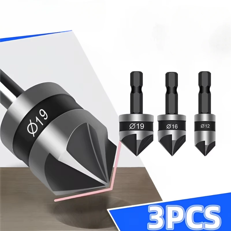 

3PCS Countersink Drill Bit Hex Chamfer Five Pears Hexagonal 90 Degrees Boring Drill Shank Carbon Steel Woodworking Tools Set