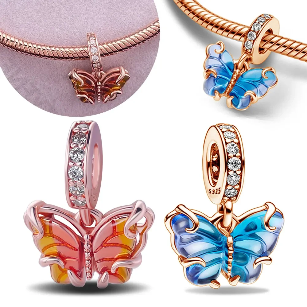 Borboleta de Vidro Murano Dangle Charme Beads para Mulheres, 925 de Prata, Azul e Rosa, Fits Pandora Pulseira, Colar, Presente DIY Jóias