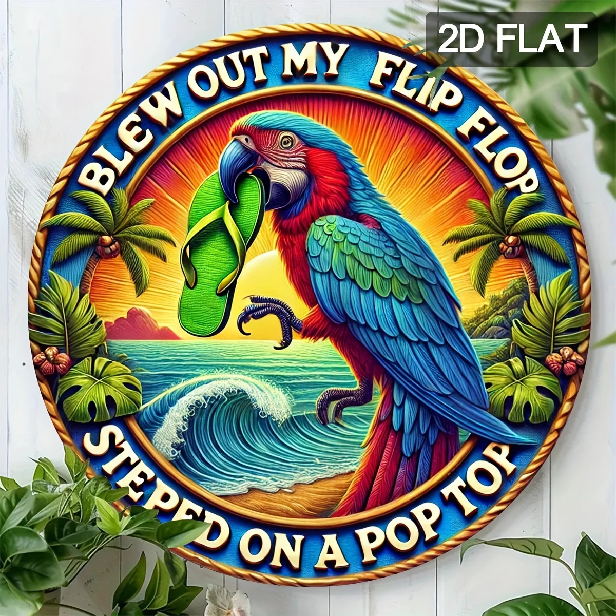 1pc Outdoor Summer Pool Parrot & Flip-Flop & Wave Metal Tin Sign, Tropical Seaside Beach Humorous Round 8×8 Inch Aluminum Sign 2
