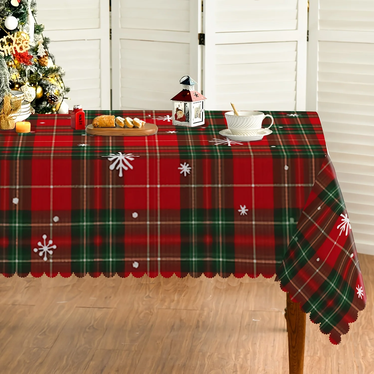 Merry Christmas Snowflakes Buffalo Plaid Tablecloth for Table Decor Winter Xmas Kitchen Dining Table Cloth Christmas Decoration