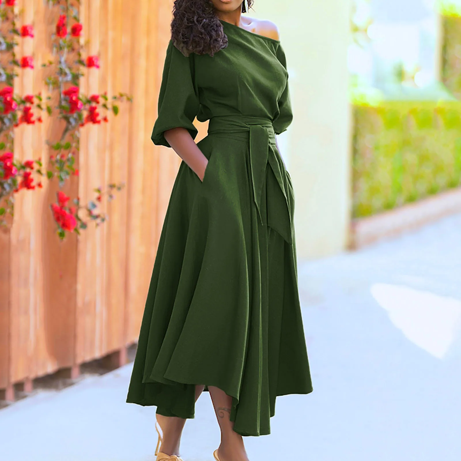 Women Elegant Sexy Off Shoulder Party Dress 2023 Summer Tie-Up A-Line Dress Office Lady Casual Short Sleeve Pocket Dress Vestido