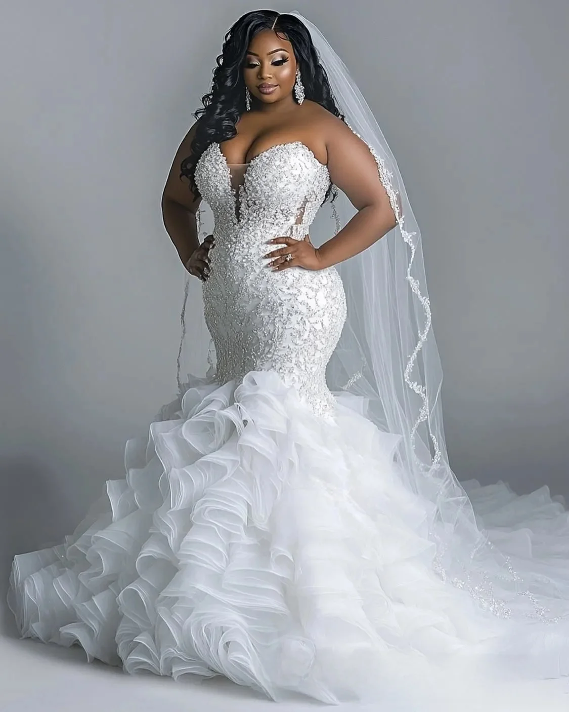 تخصيص زائد حجم فستان الزفاف العاجي حورية البحر يزين مطرز بلورات اللؤلؤ طبقات فساتين الزفاف الفاخرة