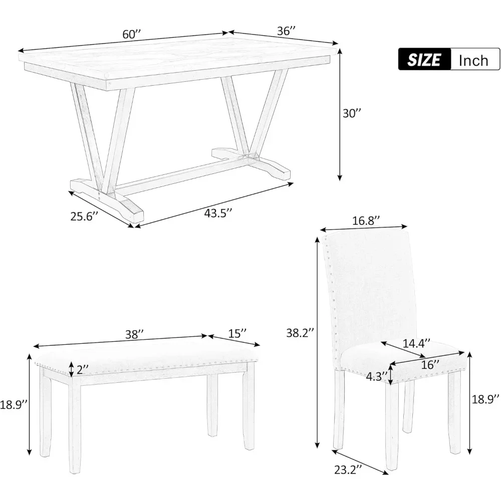 Modern Style 6-piece 4 Chairs & 1 Bench, Marbled Veneers Tabletop and V-shaped Table Legs, for Dining, Living Room, and Kitchen