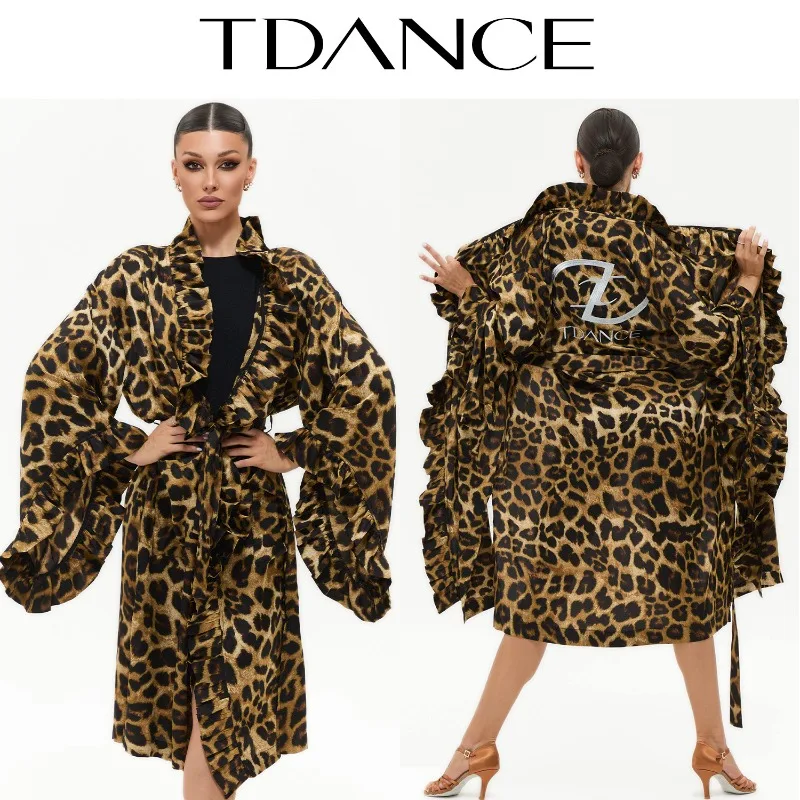 Customized TDANCE National Standard Dance Women's Robe Leopard Pattern Loose Ruffle Embroidered Belt with Pocket