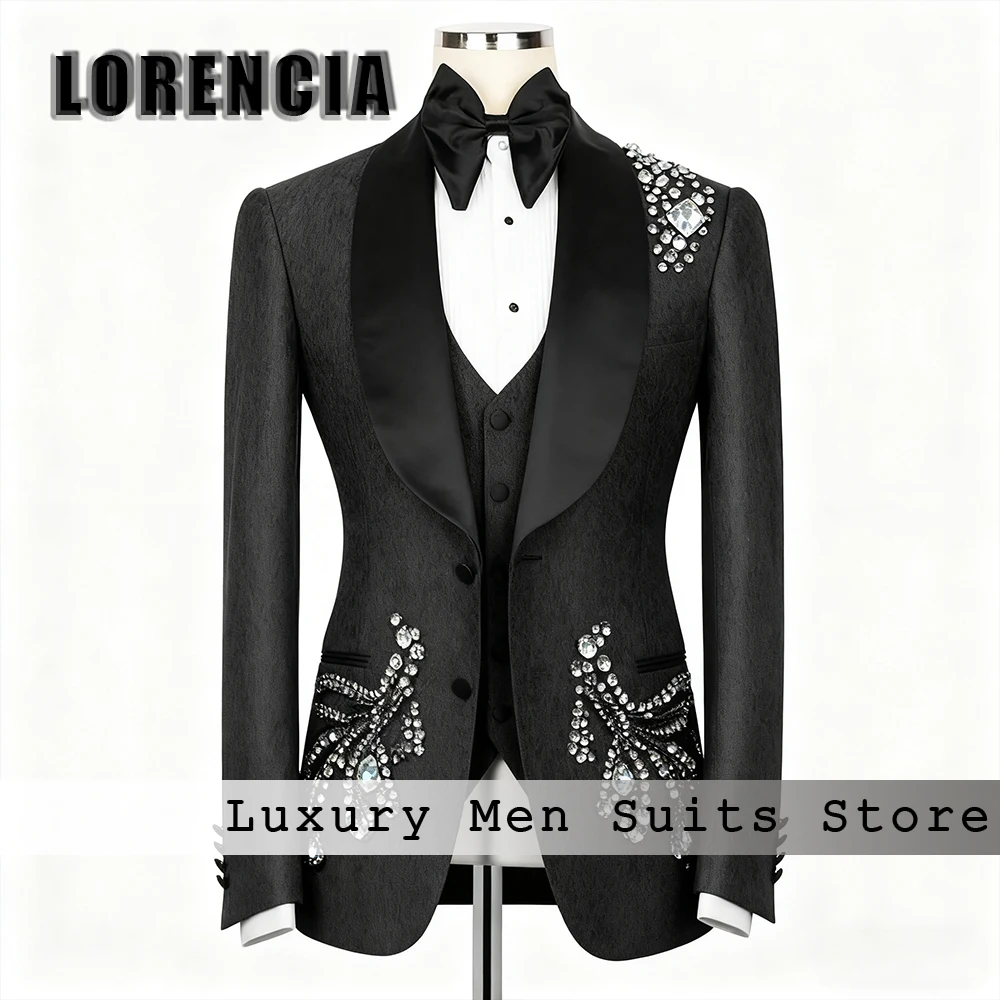 

Exquisite Crystal Men Suits 3 Pieces Shawl Collar Tuxedos Set Wedding Party Outfits Customized Blazer Pants trajes para hombre