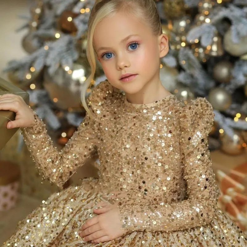 

Children's Dress Golden Birthday Party Runway Sequin Butterfly-knot Long Sleeved Round Neck Princess Dress Kids Clothes