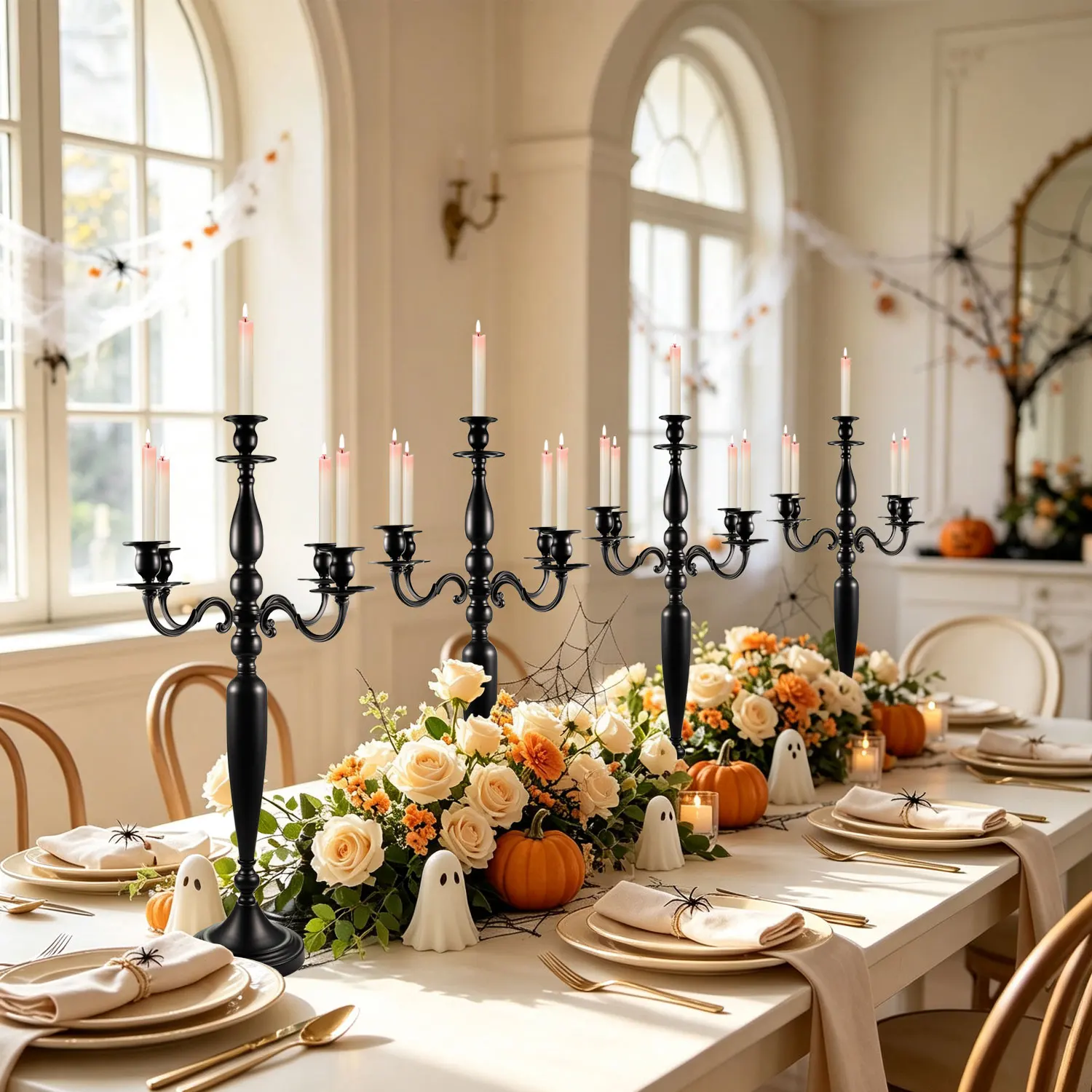 8 Pcs 5 Arm Candelabra for Wedding Centerpiece, 28.5 Inch Tall Black Matte Candlestick Holder, Taper Candle Holders for Dining Table Church Party Decor