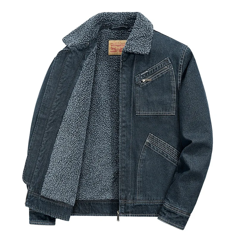 2026 Winter New Men's Outdoor Warm Denim Jacket European American Fashion Thick Outdoor Workwear Zipper Jacket Streetwear Coat