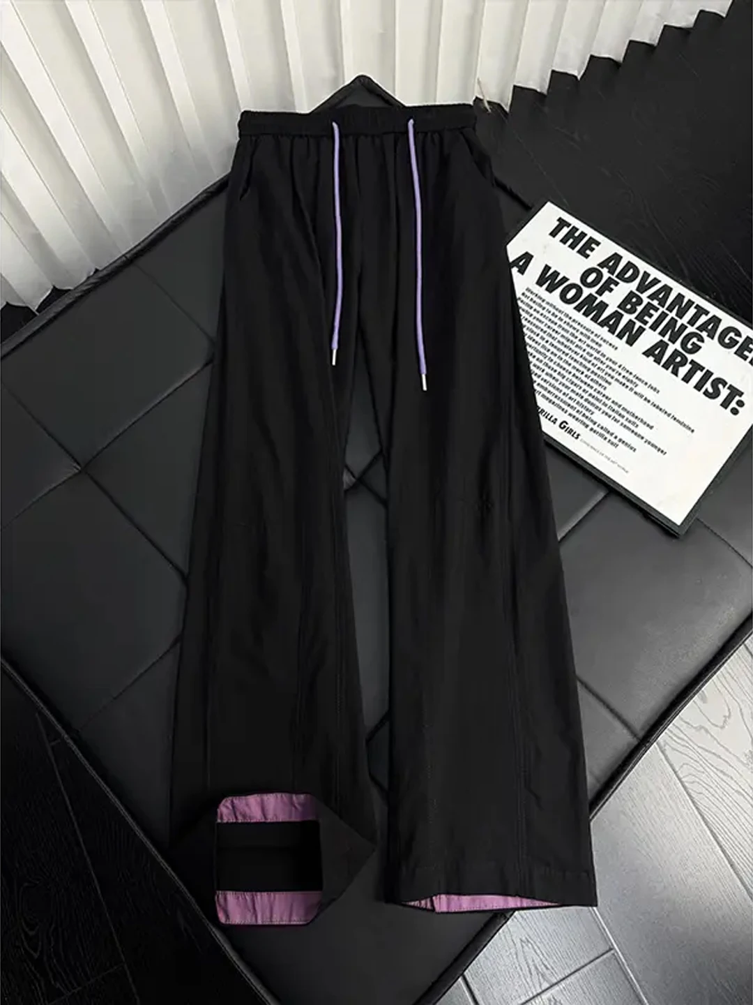 Black Cleanfit Ice Silk Men's Summer Thin Splice Quick Dry Straight Leg Casual Long Pants Drapey Lightweight Outdoor Trousers