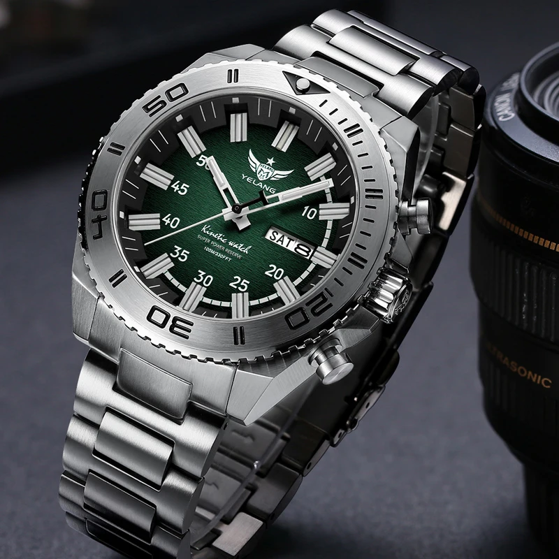 

Мужские военные часы Yelang, 44 мм, кварцевые наручные часы, Solar Kinetic Diver, 10ATM, водонепроницаемые, со светящимися трубками, сапфировым стеклом, двойным календарем