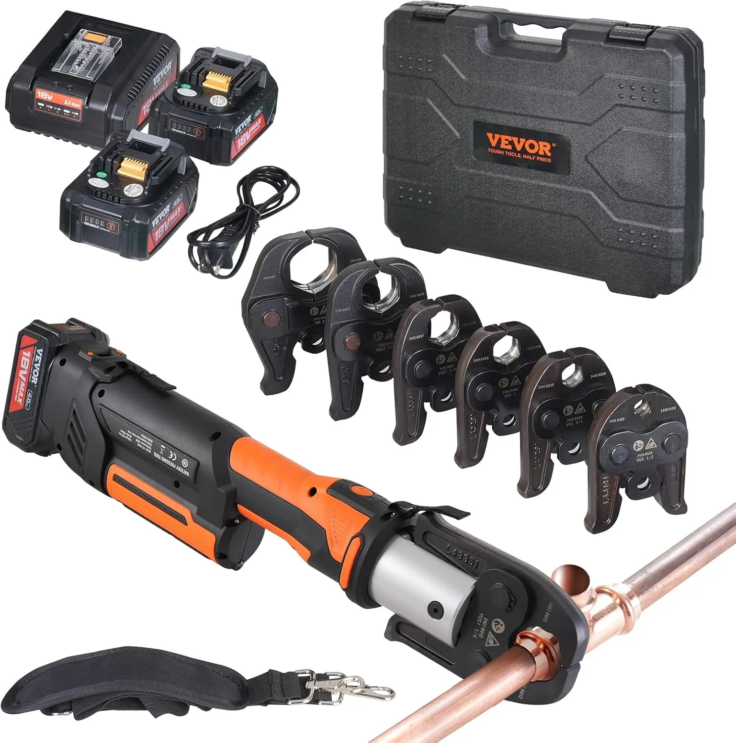 

18V Electric Pipe Crimping Tool for 1/2”, 3/4”, 1”, 1 1/4", 1 1/2", 2" Copper Pipes, Press Tool Kit