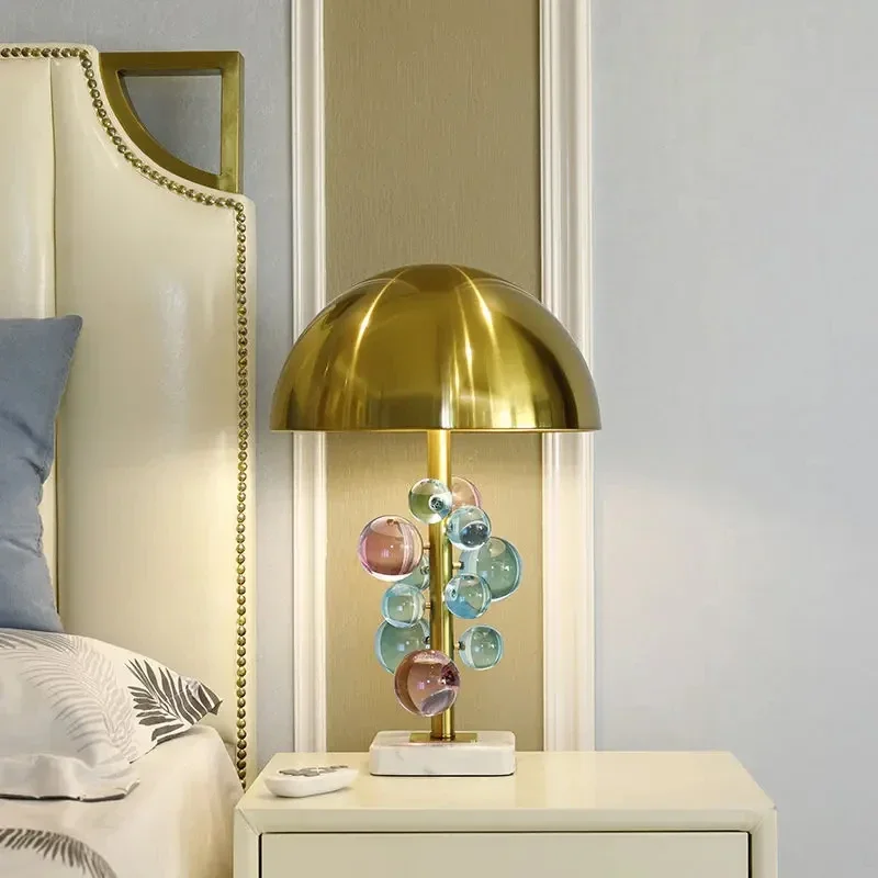 Creative Golden Mushroom Design Table Lamp with Multi color Crystal Ball Bedside Lamp for Bedroom Decoration