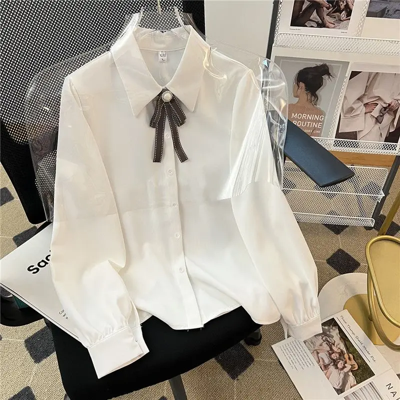 Korean Minimalist Commute Spring Summer New Blouses Women's Solid Spliced Polo Collar Long Sleeve Button Bow Fashion Loose Shirt