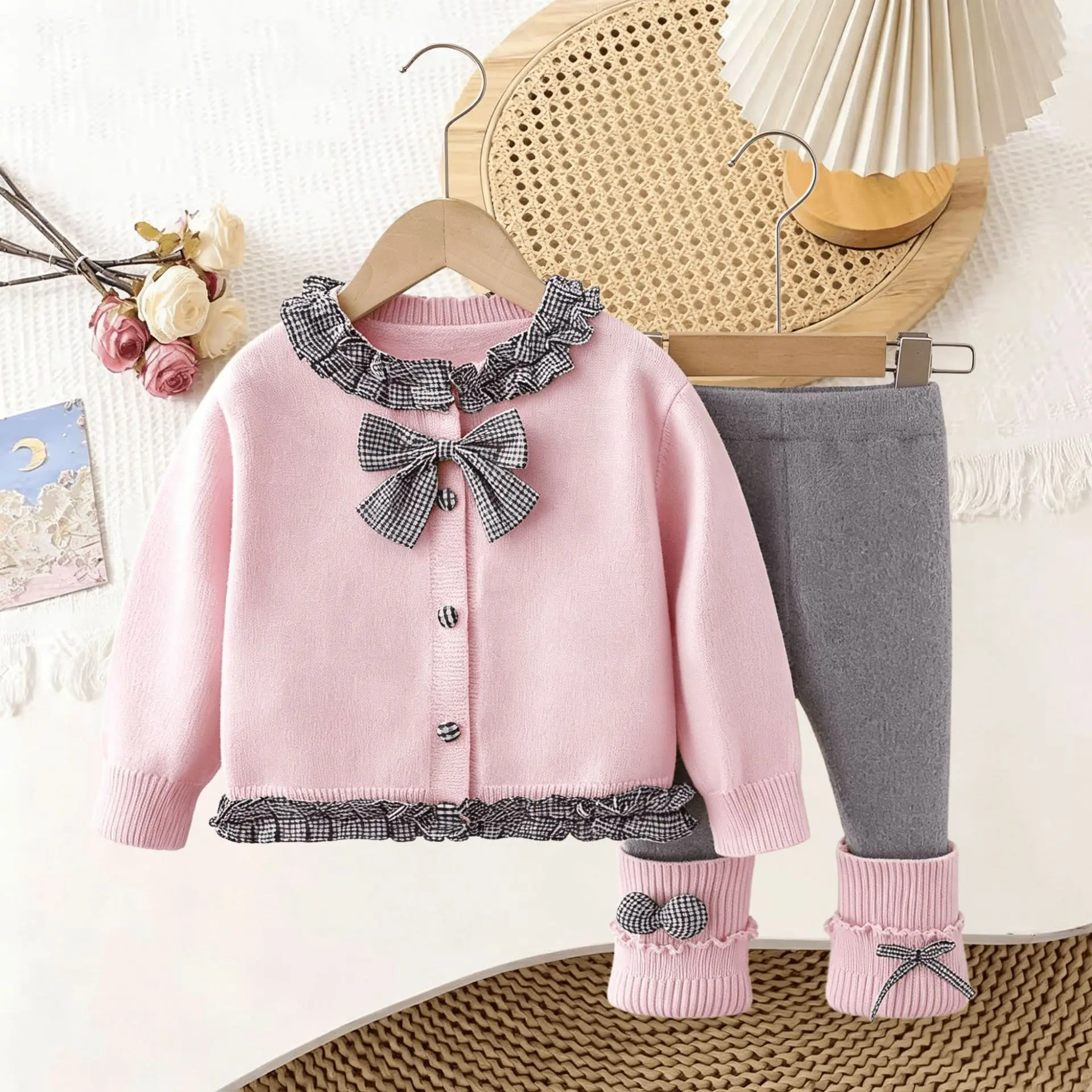 Girls Knitted Cardigan Leggings Set 2026 New Plaid Bow Jacket Sweater Stacking Socks